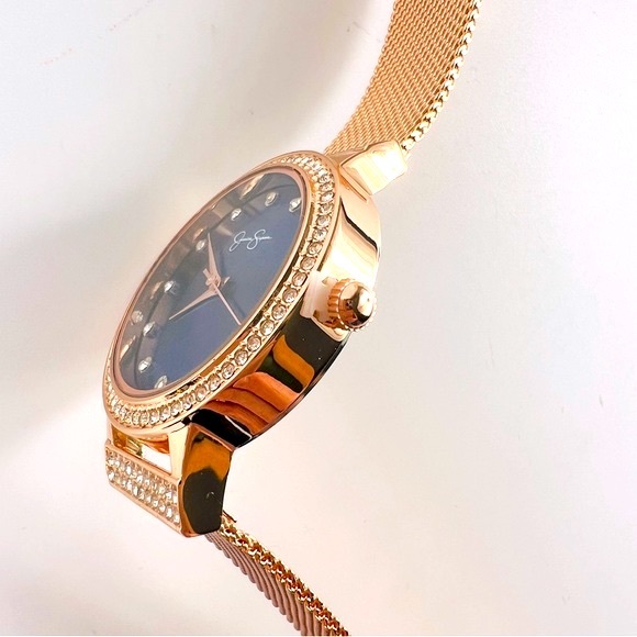 Jessica Simpson Rose Gold Mesh Blue Face With Crystal Accents NIB - Picture 3 of 6